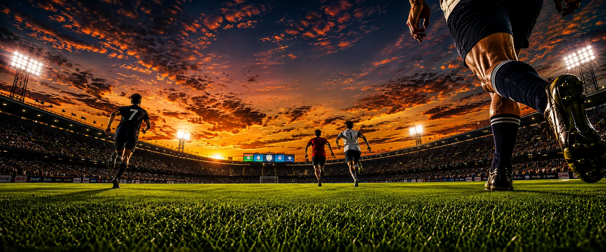 Athletes running under stadium lights